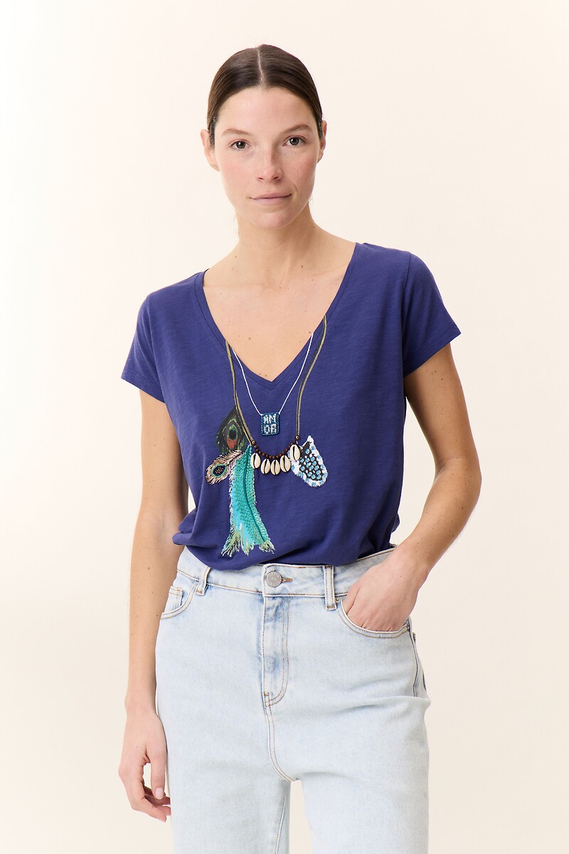 TONTON FEATHER T-shirt met korte mouwen en geborduurde V-hals