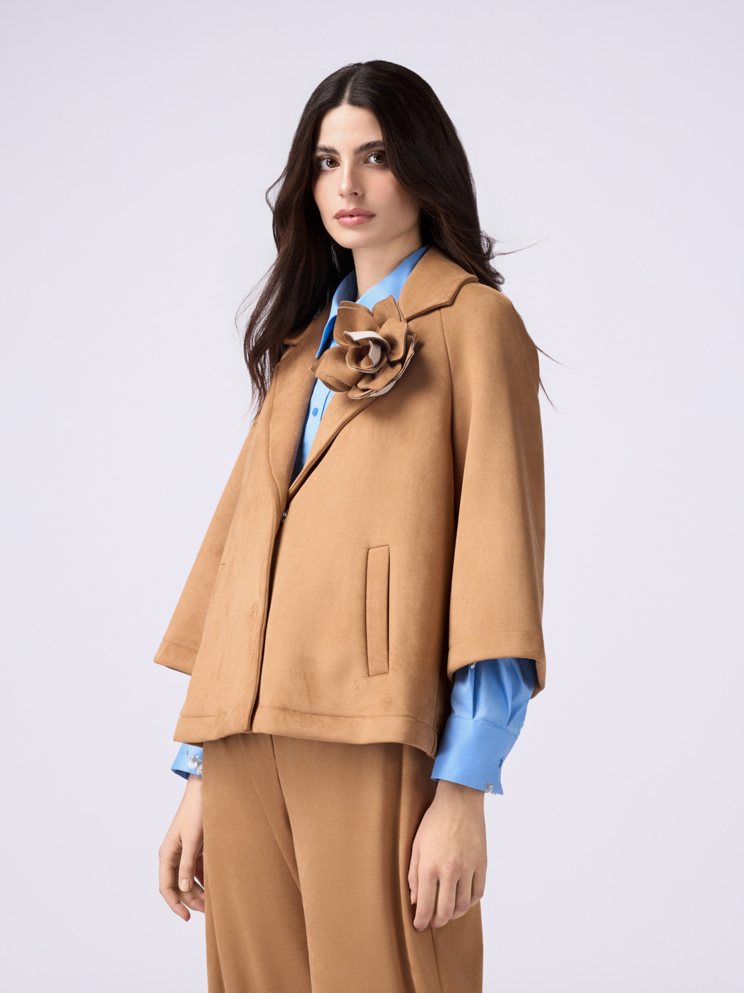 Suede effect peacoat with brooch, OLTRE