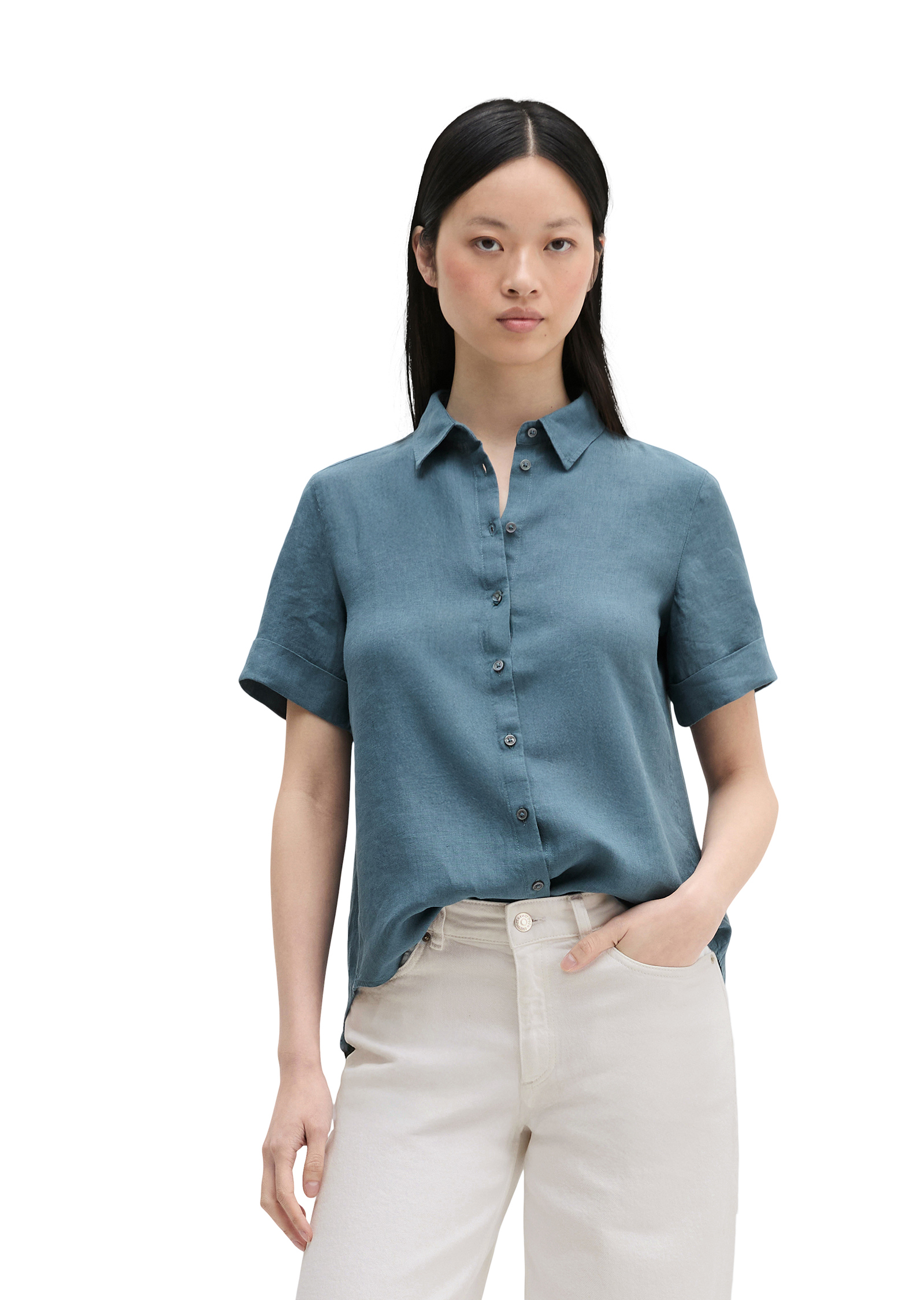 Blouse en lin à manches courtes regular avec de larges plis dans le dos, MARC O'POLO