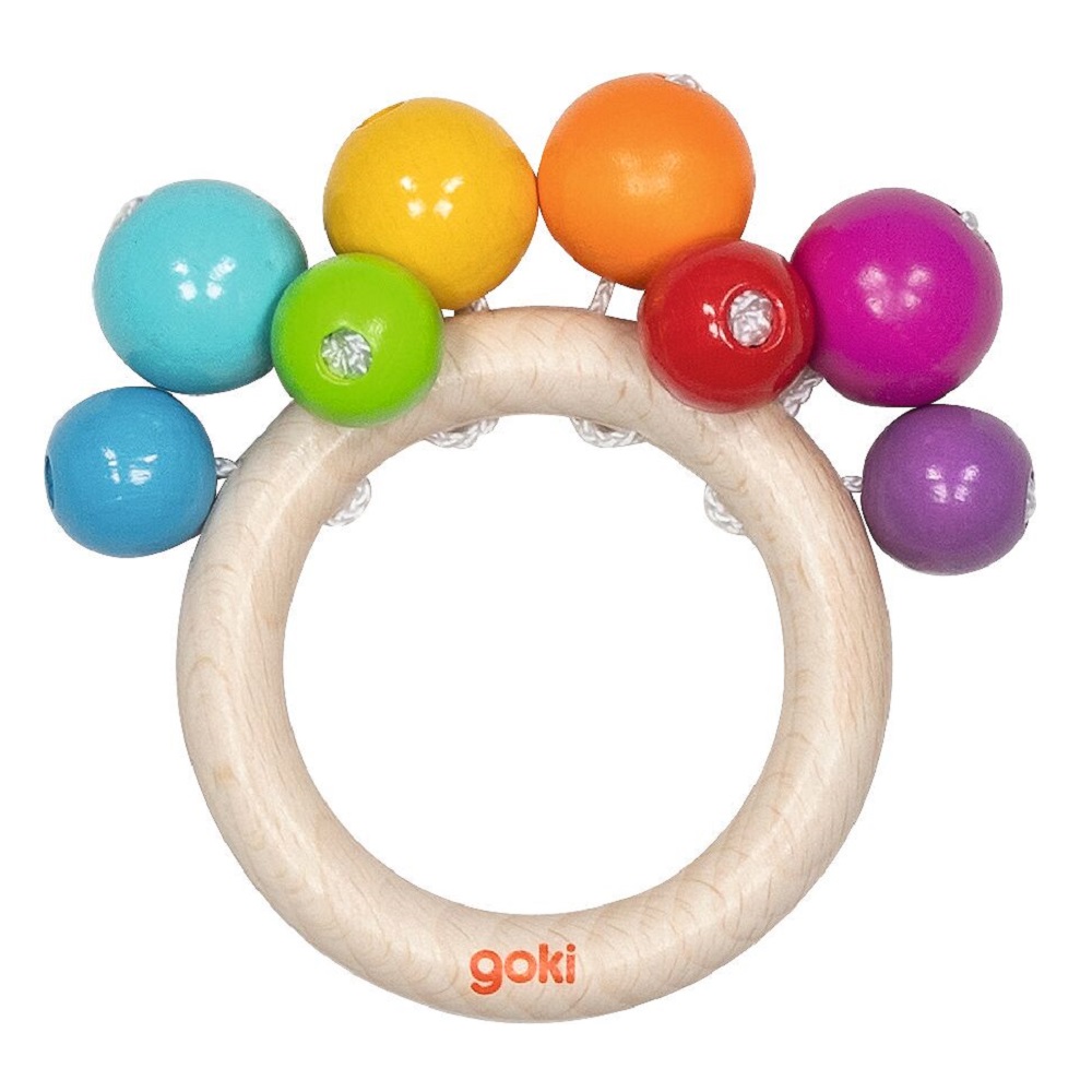 Hochet anneau en bois avec perles arc-en-ciel, GOKI