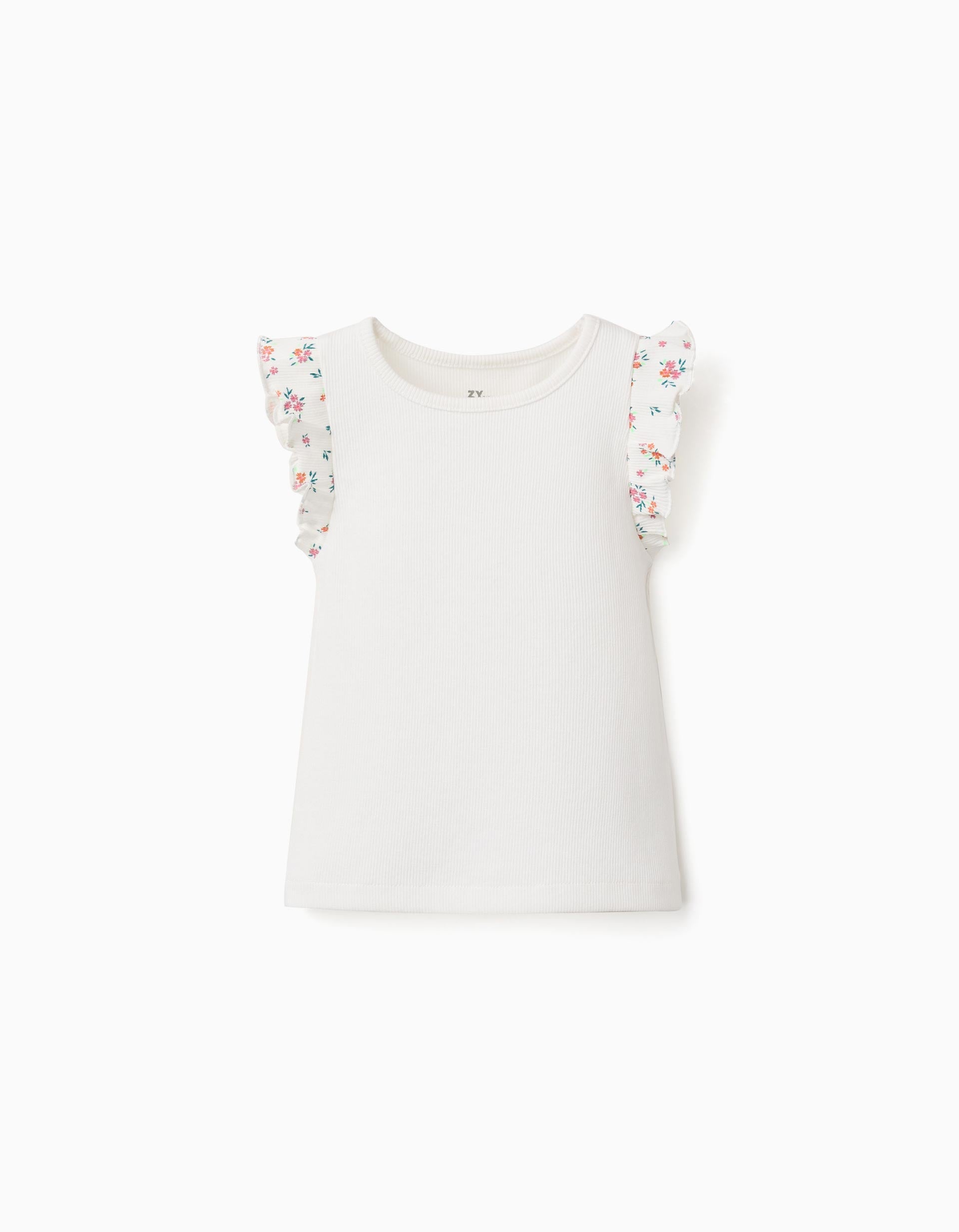 T-shirt en coton côtelé avec manches à volants, ZIPPY