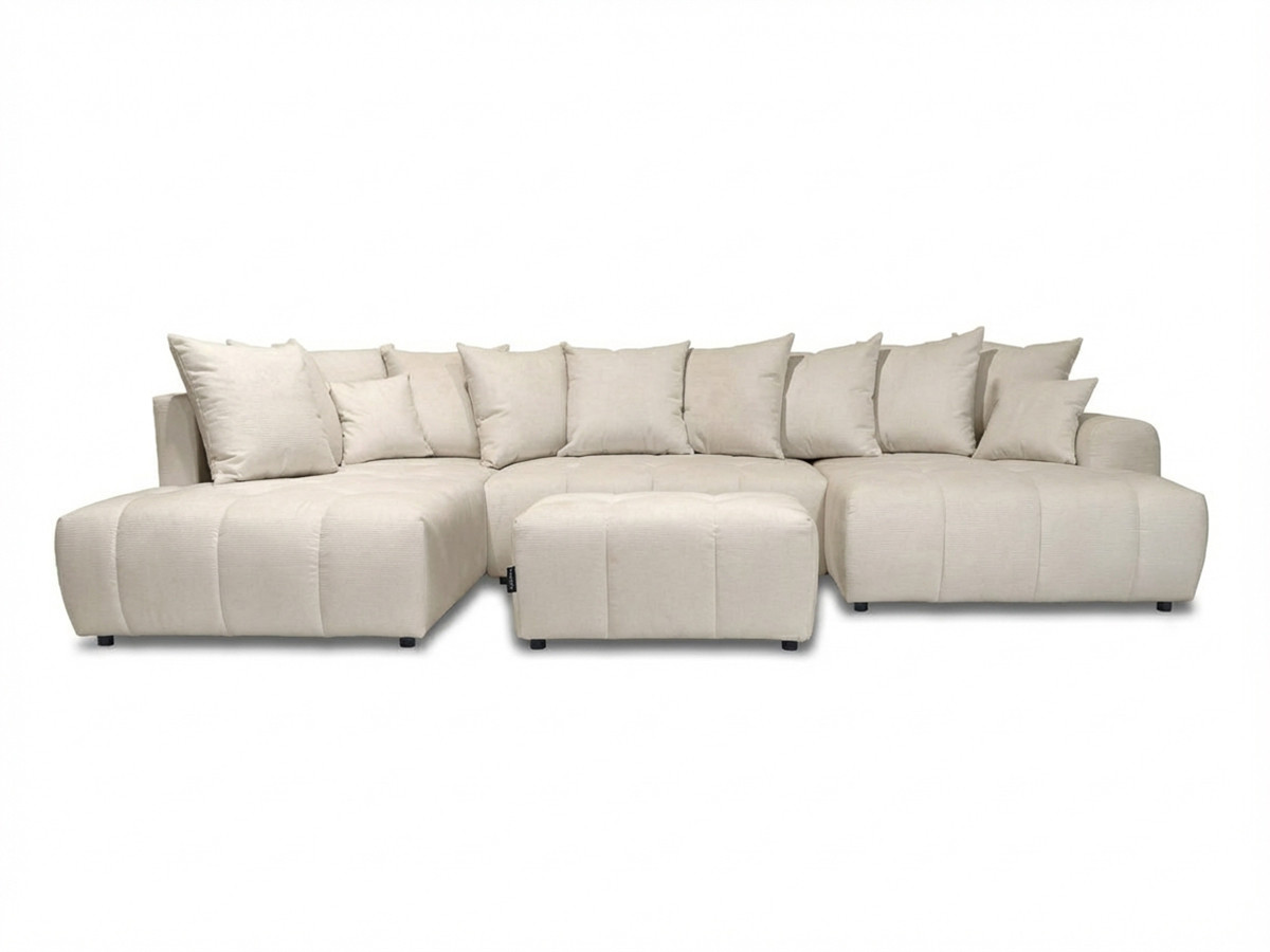 Canapé panoramique convertible 6 places en tissu chiné avec pouf, ROXELANE, BOBOCHIC