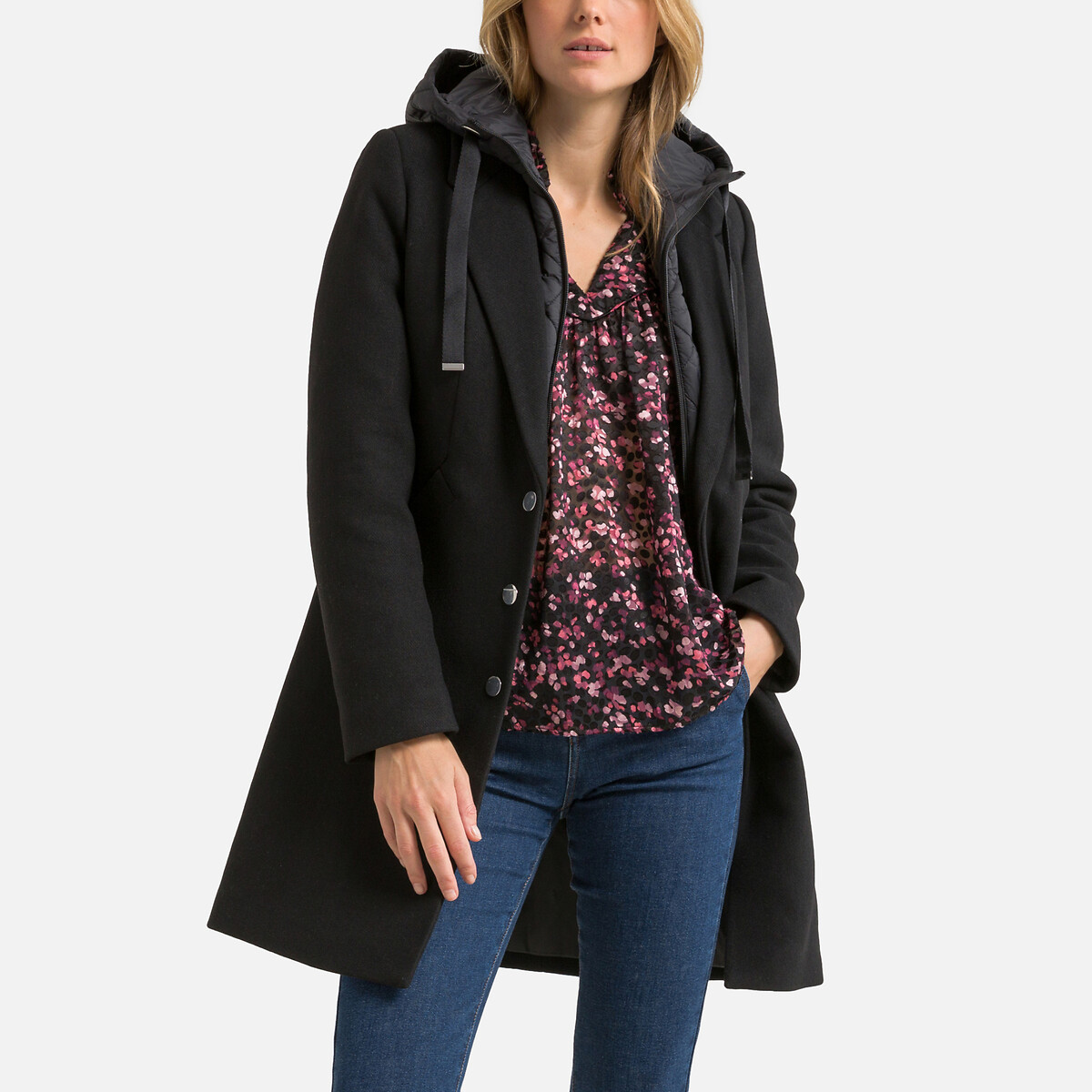 Dual Fabric Hooded Coat with Removable Liner Jacket