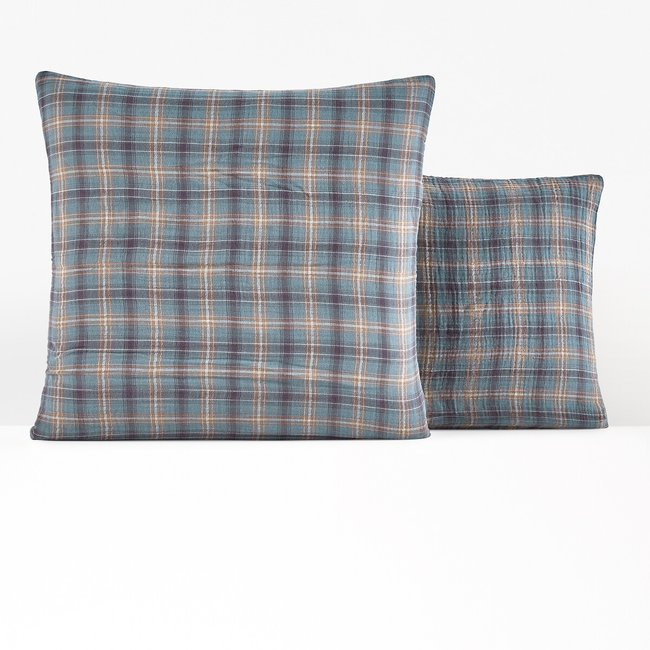Check Tartan 100% Cotton Muslin 200 Thread Count Pillowcase, blue/brown print, LA REDOUTE INTERIEURS