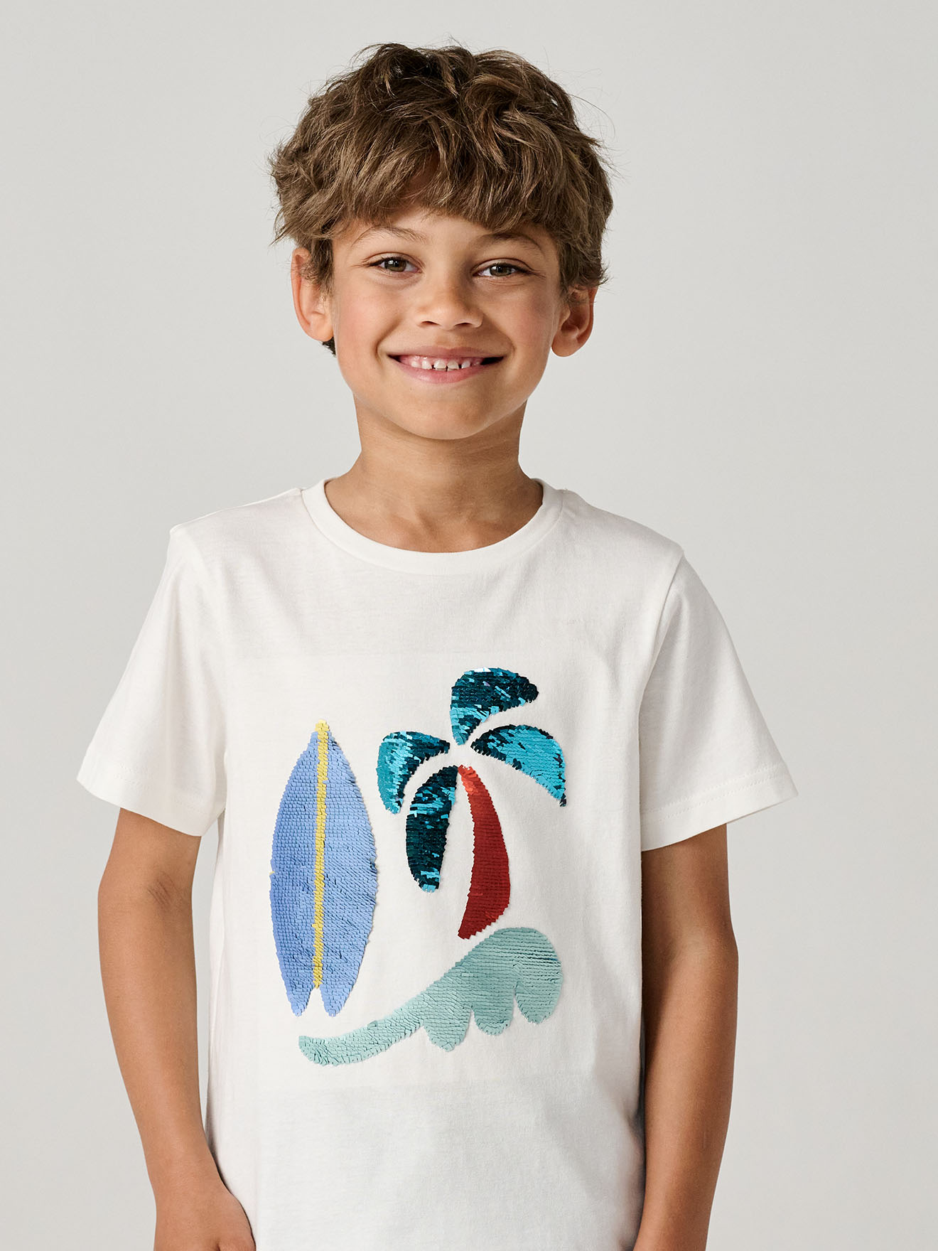 Tee-Shirt Fille Sequins Motif Été – Manches Bouffantes, 100% Coton, Col Rond Côtelé, Look Fun Et Pailleté