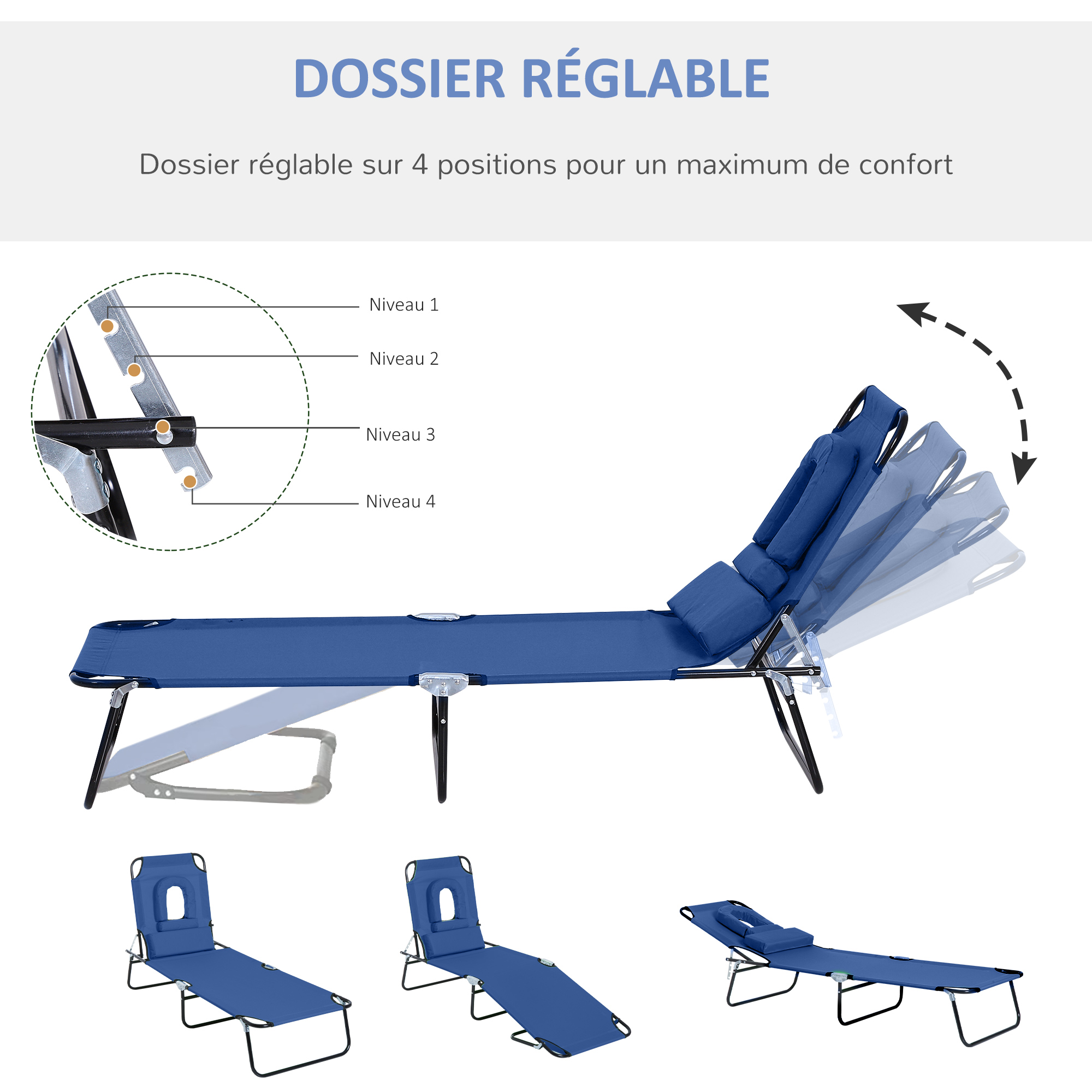 Transat Pliable Bain De Soleil Outsunny - 4 Positions Avec Coussins Marron