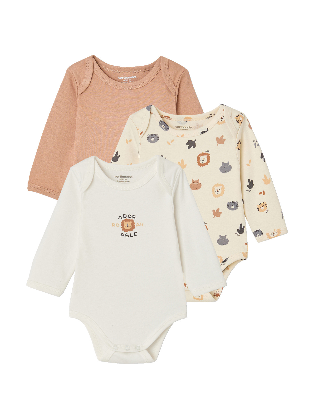 Lot de 3 bodies manches longues, VERTBAUDET