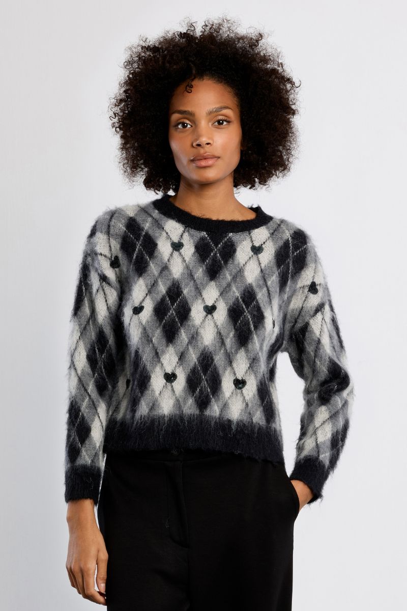Pull à carreaux et cœurs, effet brossé, LILI SIDONIO