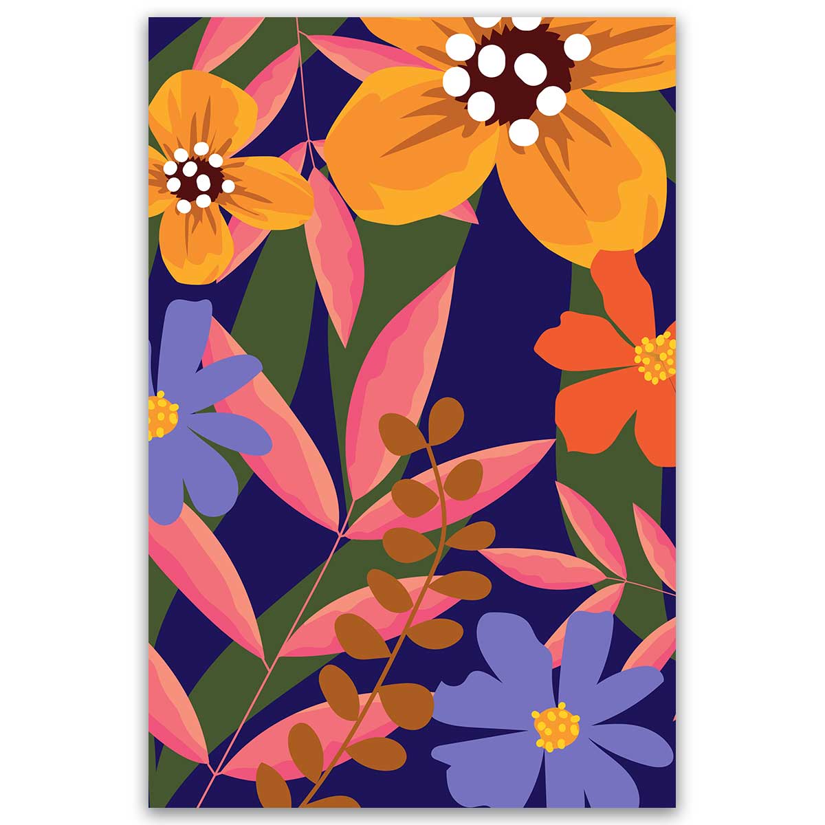 Tableau floral moderne fond bleu nuit, HEXOA