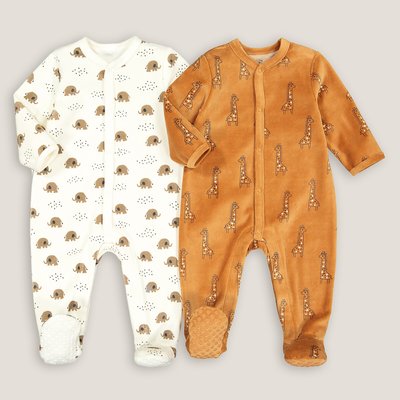 Pack of 2 Velour Sleepsuits in Cotton Mix, Prem-2 Years LA REDOUTE COLLECTIONS
