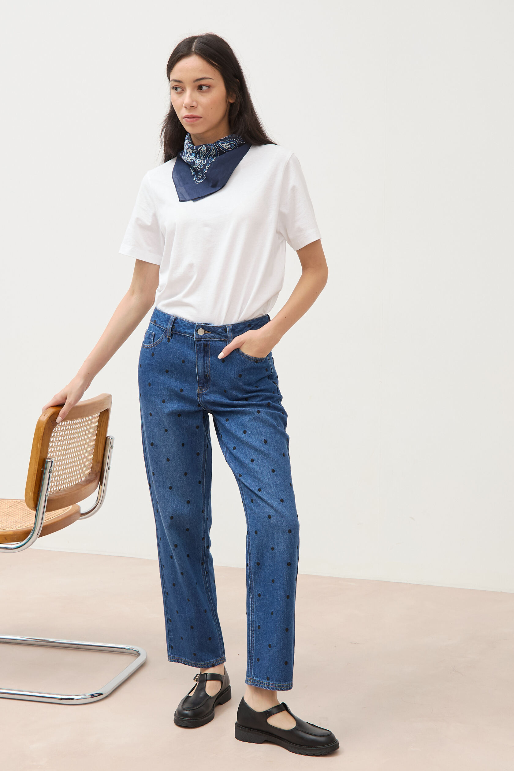 Jeans straight taille haute broderie, BONOBO