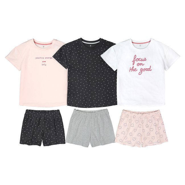 Pack of 3 Short Pyjamas in Organic Cotton, grey + pink, LA REDOUTE COLLECTIONS