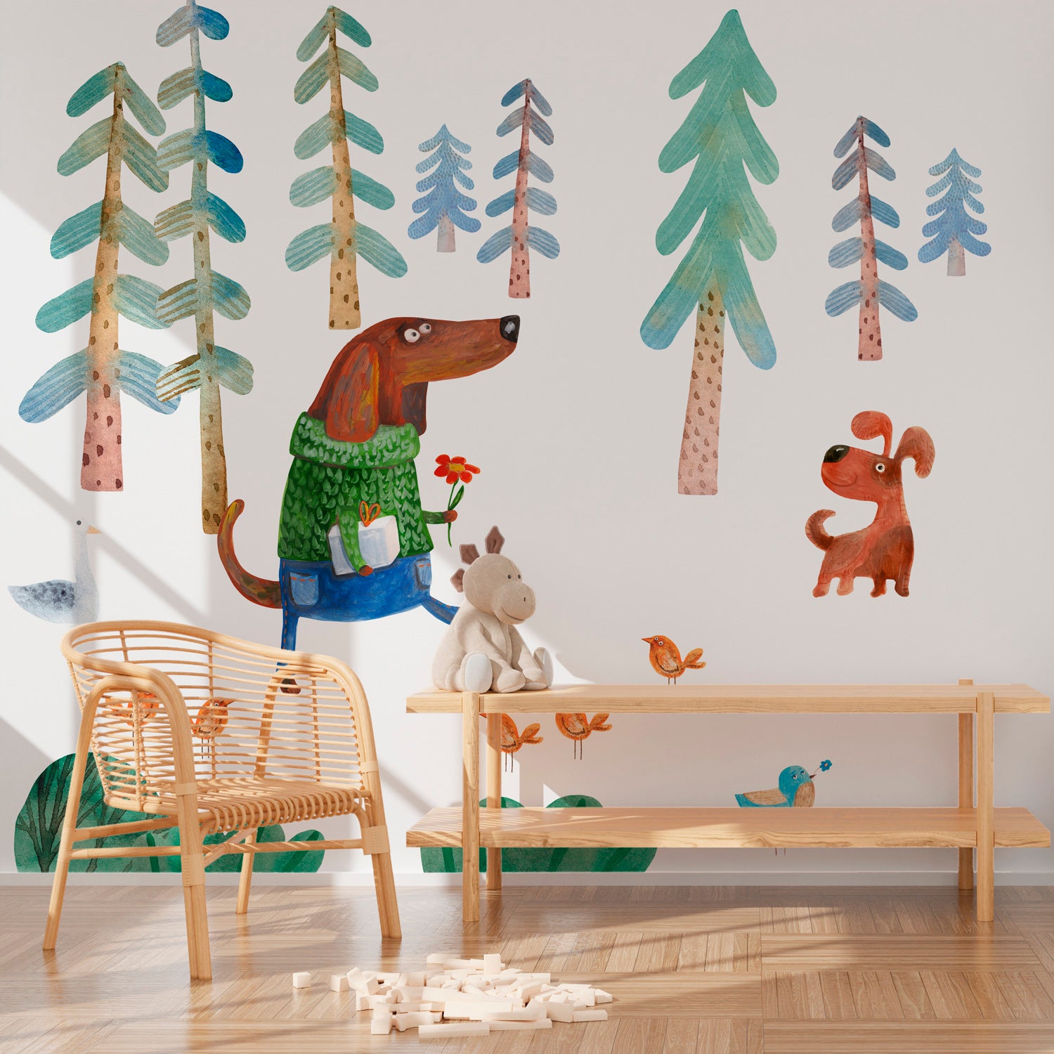 Papier peint panoramique Chiens et oiseaux - 192 x 270 cm - intissé mat FSC, LE PAPIERS DE NINON