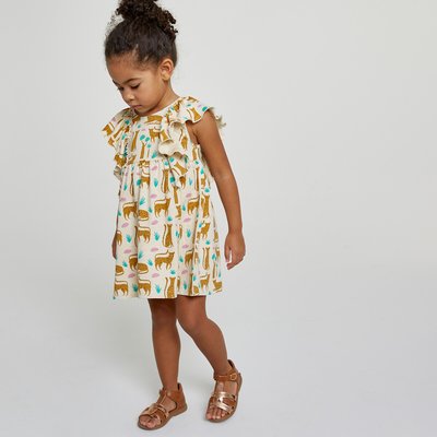 Leopard Print Cotton Dress with Ruffled Shoulders LA REDOUTE COLLECTIONS