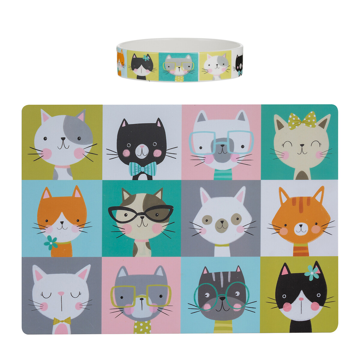 Pawtrait cat bowl mat feeding set multi coloured Mason Cash