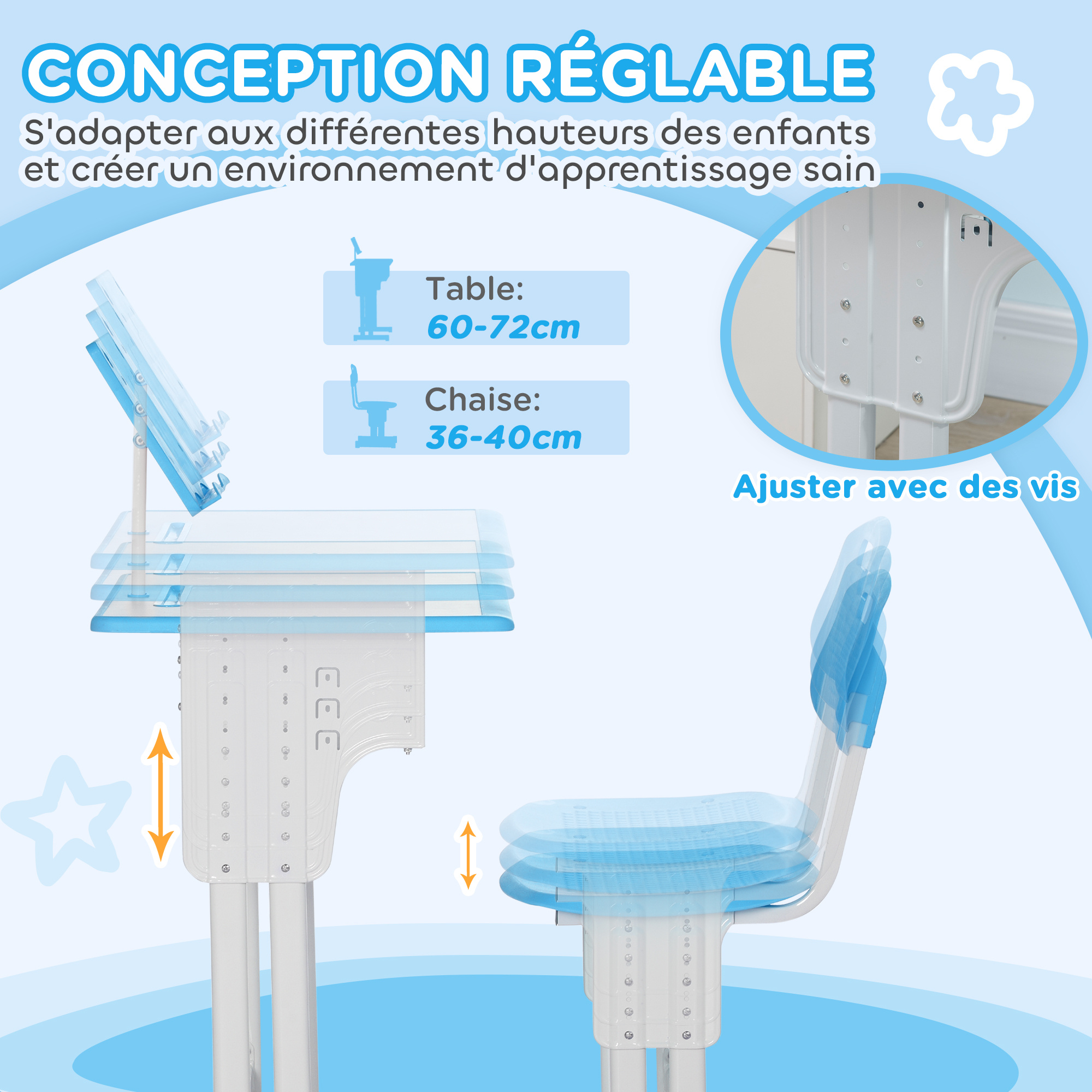RELAX4LIFE Ensemble Table Et Chaise Pour Enfant Avec Lampe Ajustable Support De Lecture Et Tiroir Bureau Multifonctionnel Rglable En Hauteur Avec Plateau Inclinable Bleurosegris Bleu 55546569