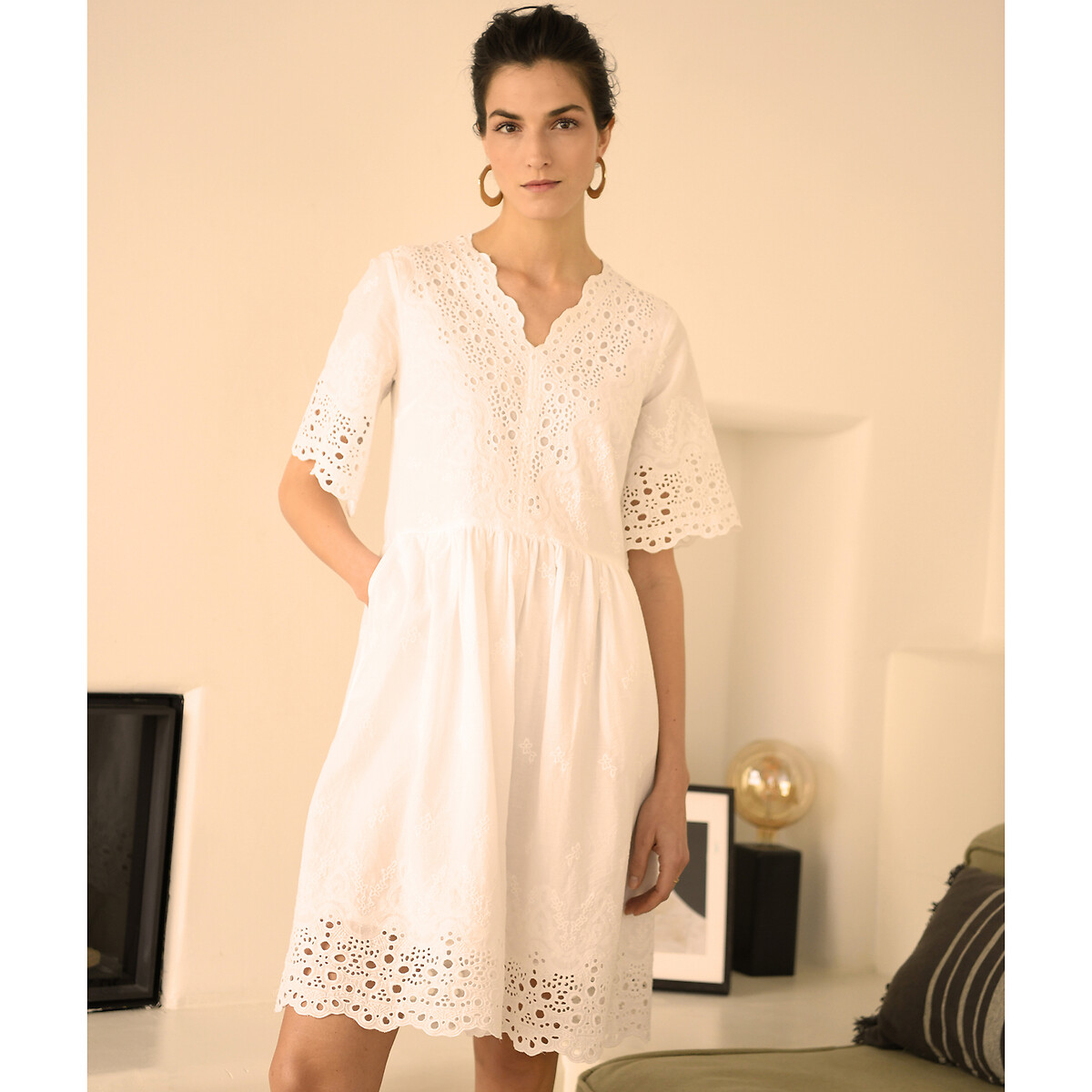 Cotton Broderie Anglaise Dress with Short Sleeves