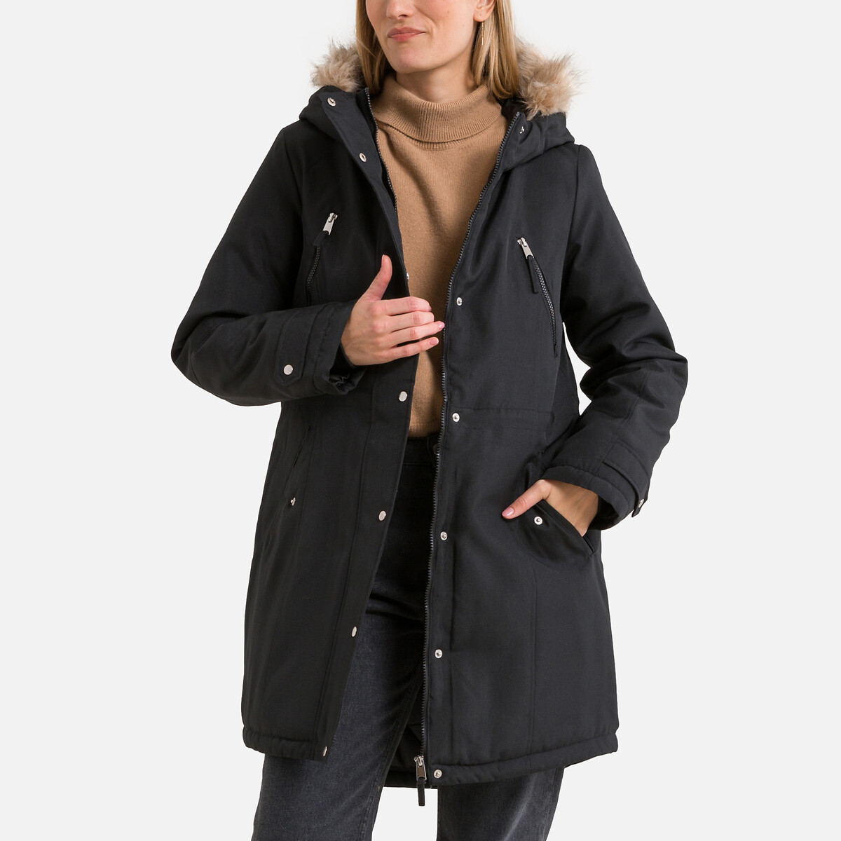 Hooded Parka with Faux Fur Trim