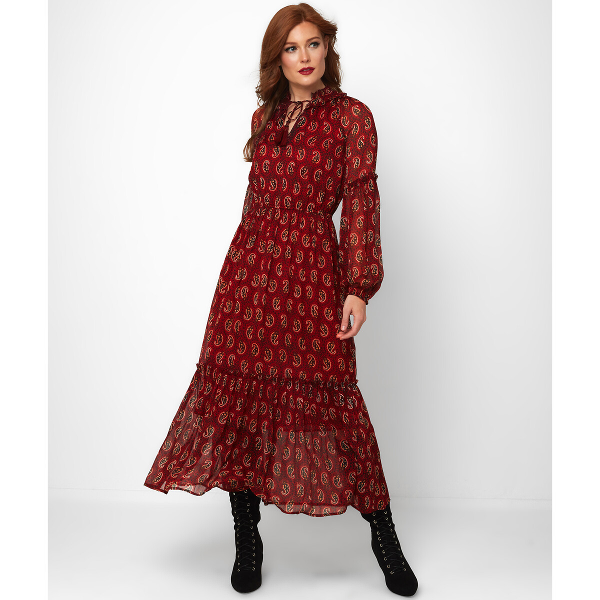 red paisley print dress