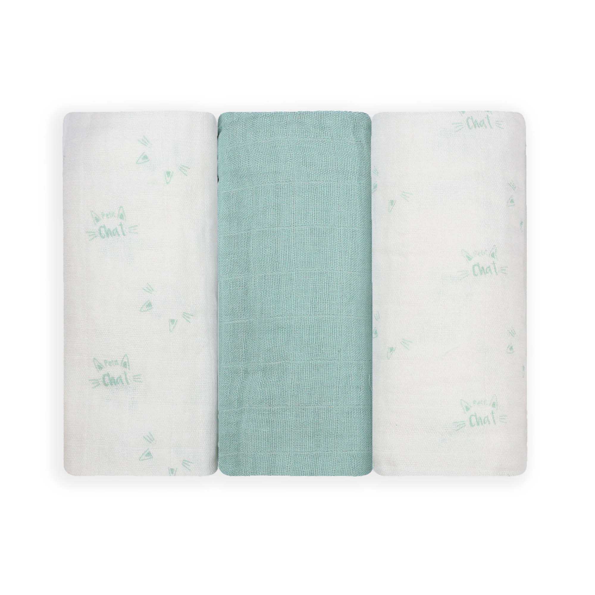 Lot de 3 langes vert d'eau - Petit chat - OEKO-TEX® STANDARD 100, TROIS KILOS SEPT
