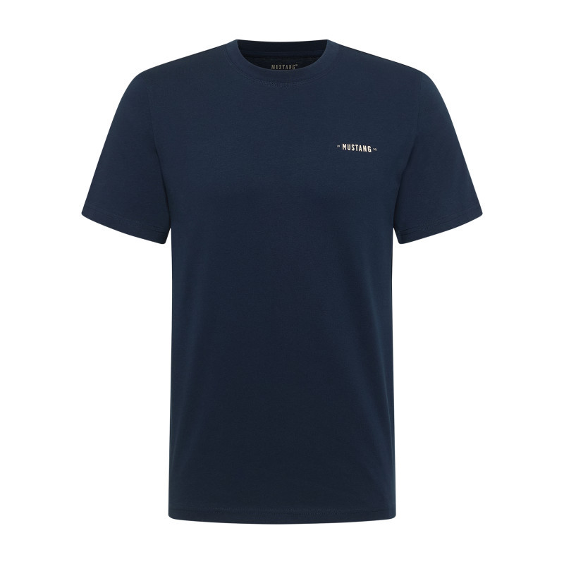 T-shirt en coton bleu à imprimé avec une coupe droite et un col rond, MUSTANG