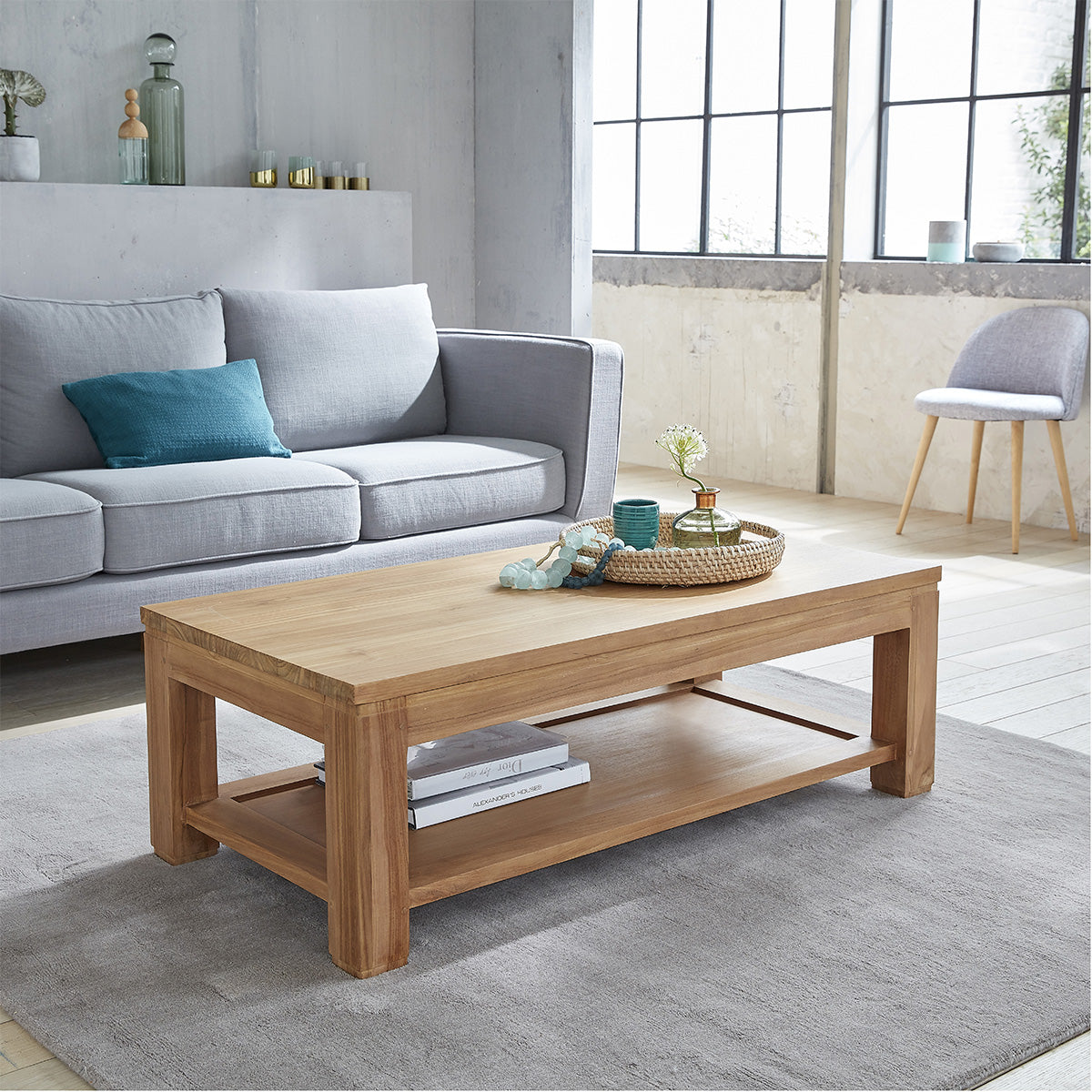 Table basse en teck massif 120 cm double plateau BOSTON, BERAH GETAH