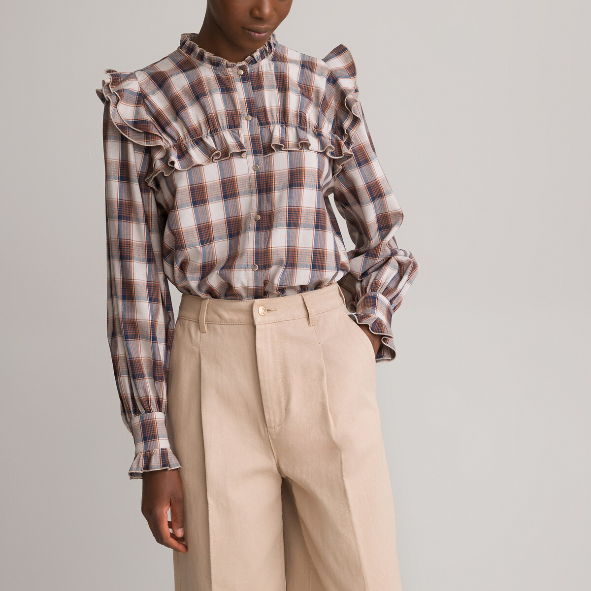 Checked Ruffled Collar Blouse in Cotton Mix