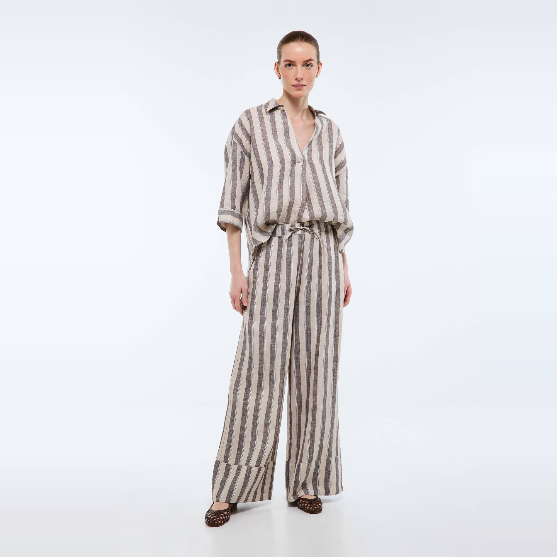 Pantalon large à taille élastiquée en lin rayé, MONOPRIX