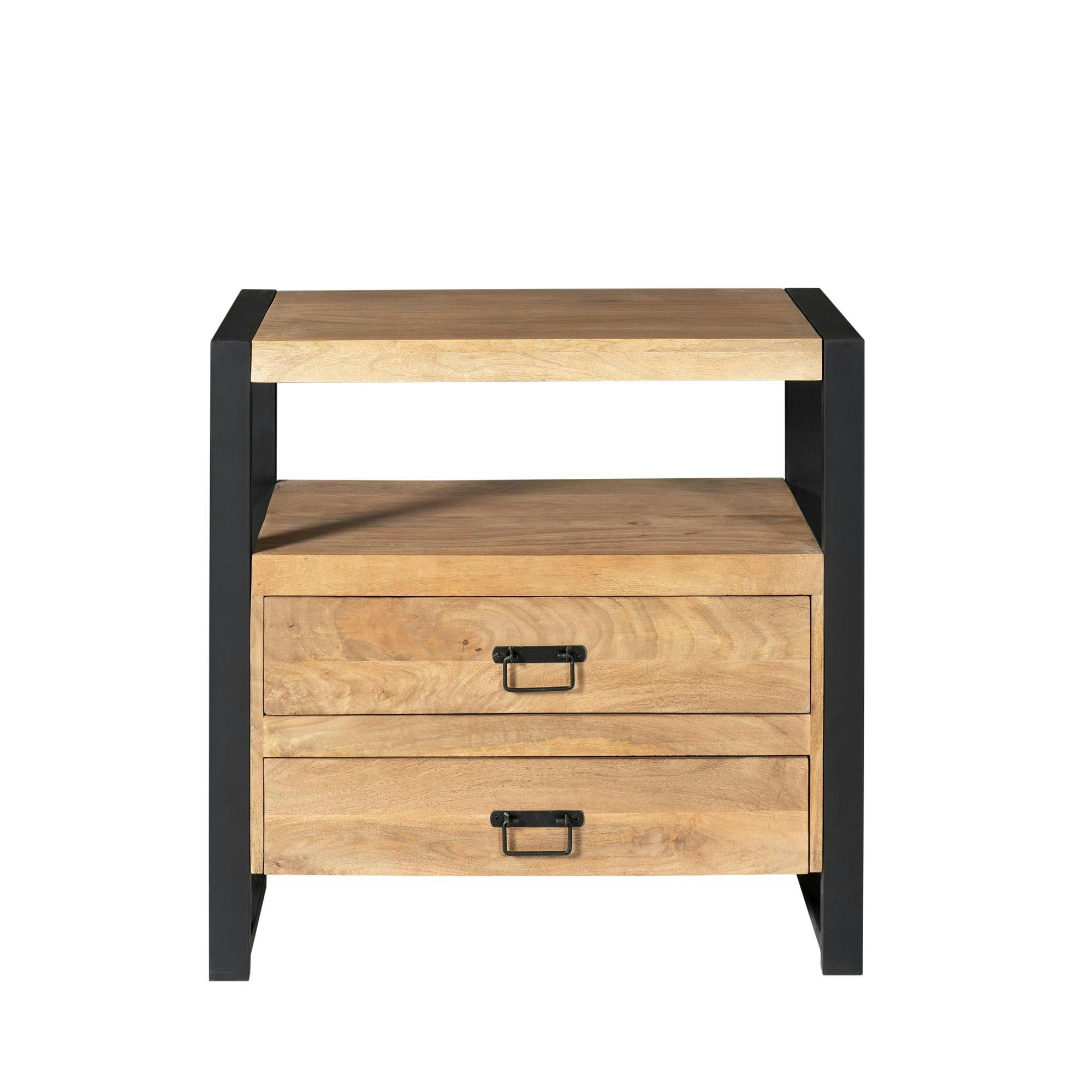 Table de chevet 2 tiroirs bois clair et métal noir MILORA, PIER IMPORT