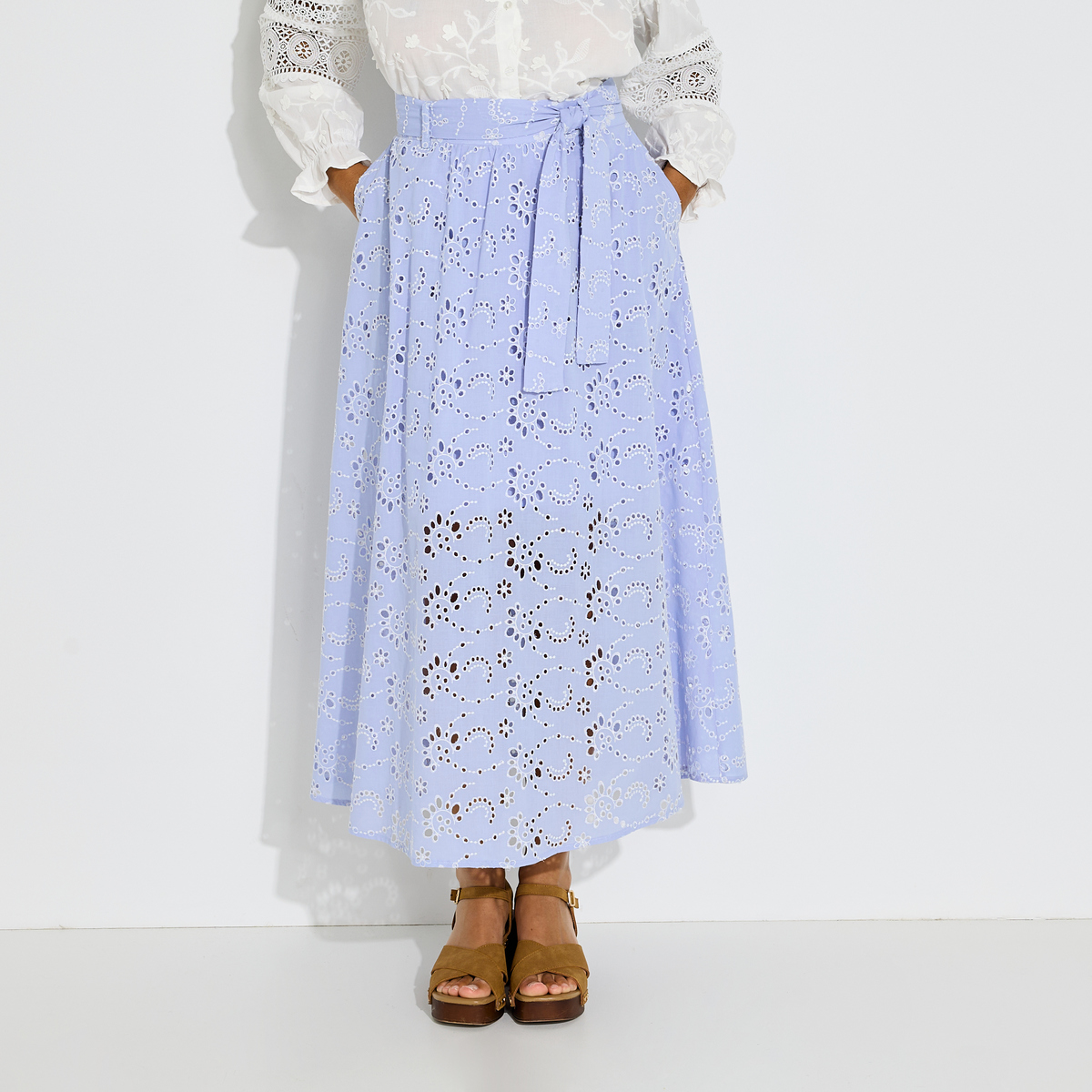 Jupe longue broderie anglaise à poches, GRAIN DE MALICE
