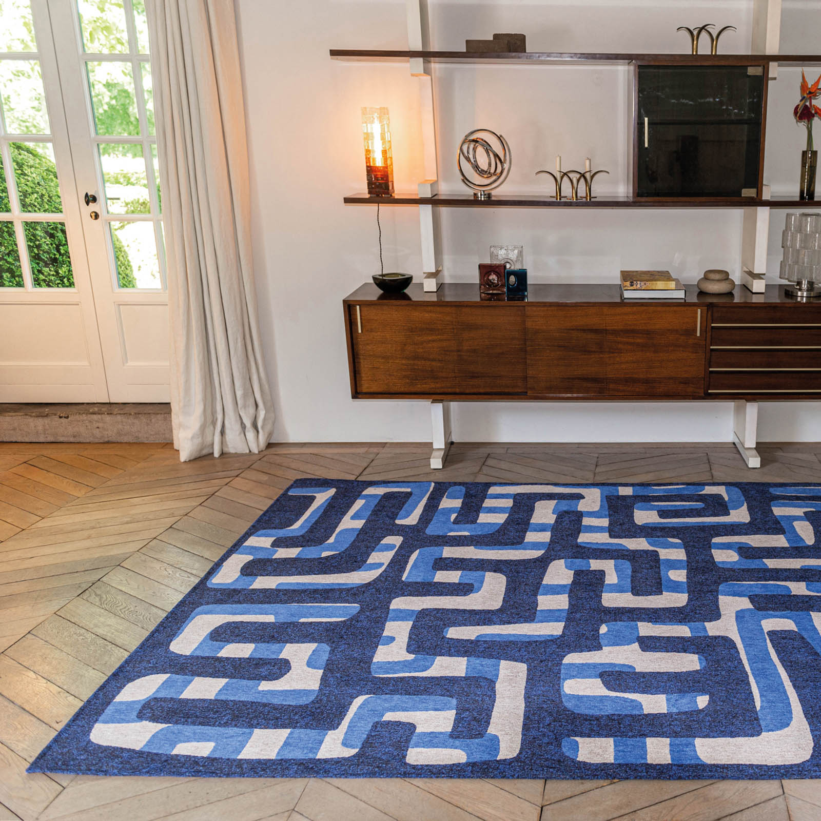 Tapis moderne tissé plat bleu BLUE LINES, NOVATREND
