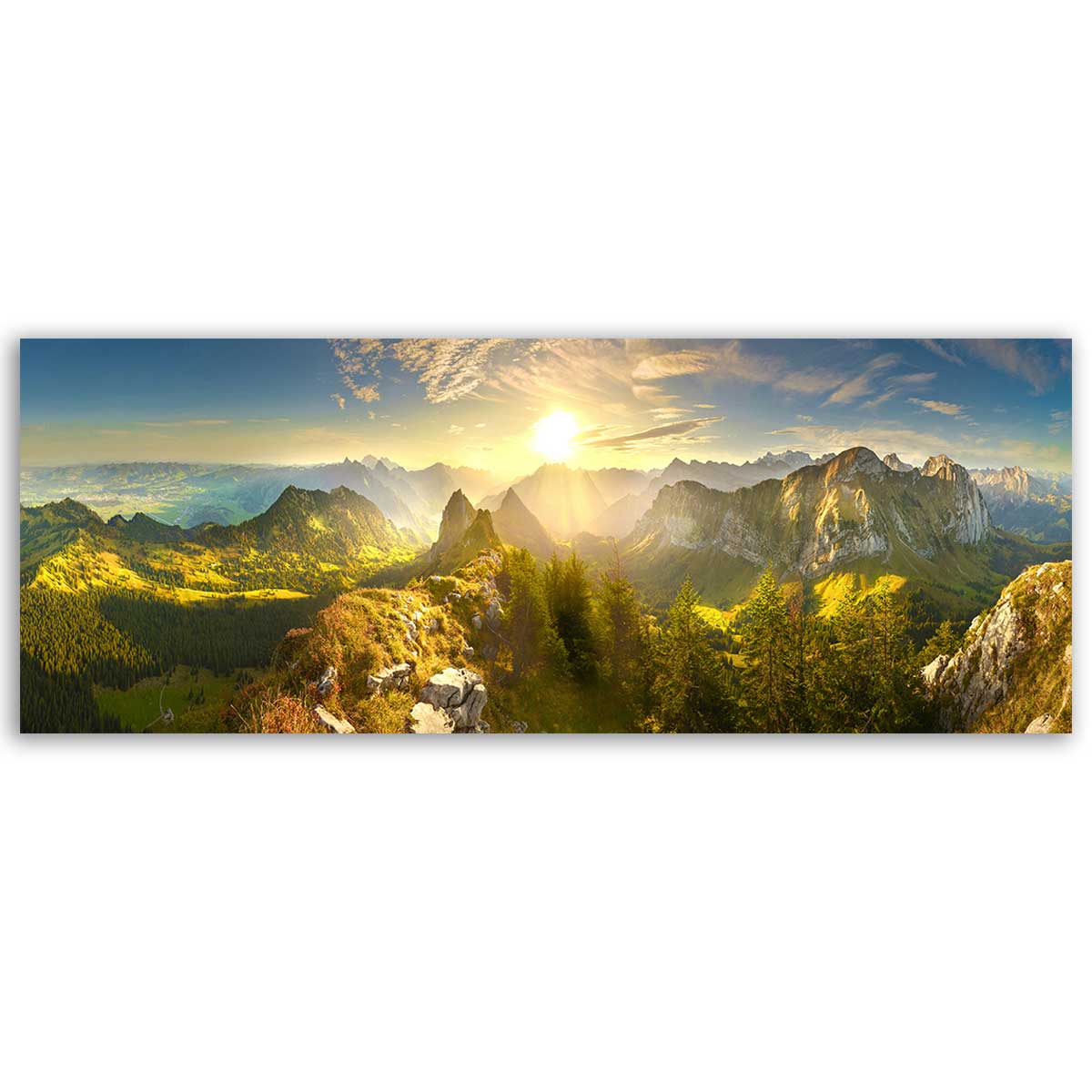Tableau panoramique lever de soleil sur chaîne montagneuse, HEXOA
