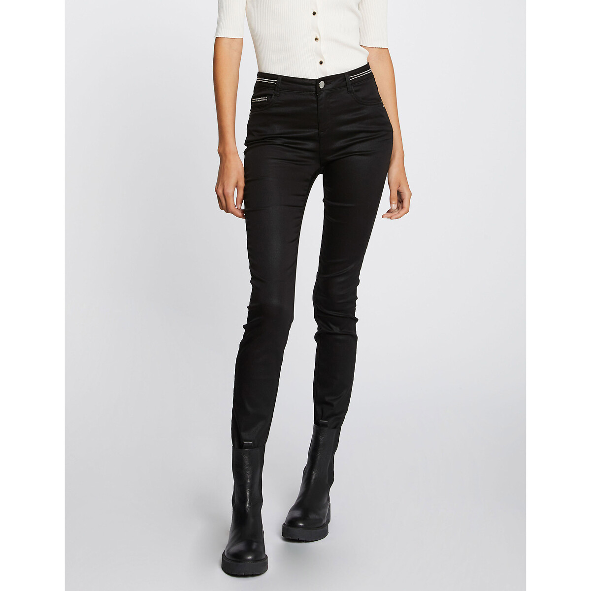 Cotton Mix Coated Trousers with High Waist in Slim Fit