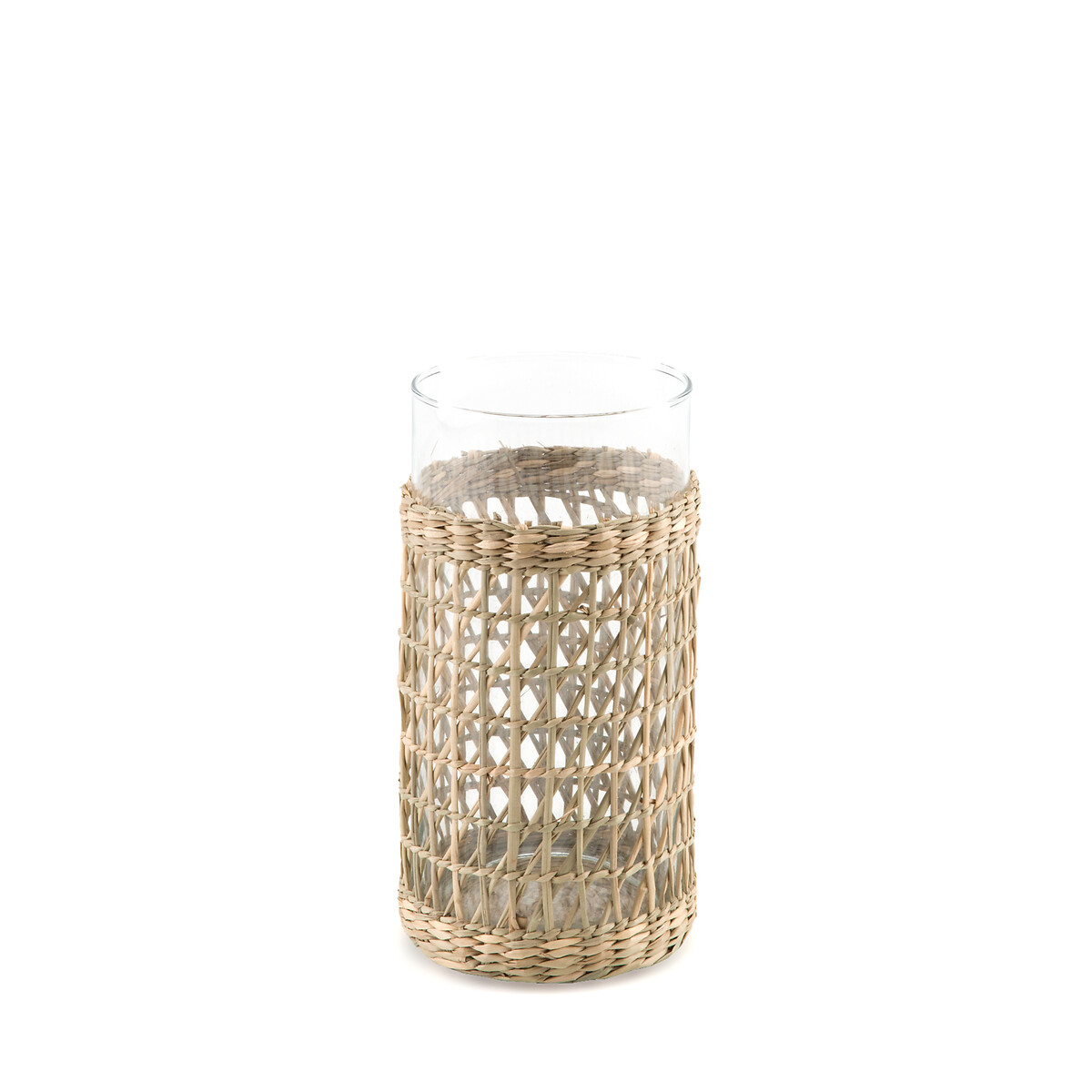 Kezia 20cm High Woven Straw and Glass Vase