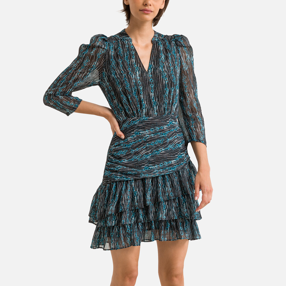 Caliste Recycled Mini Dress with Ruffled Tiers and Puff Sleeves