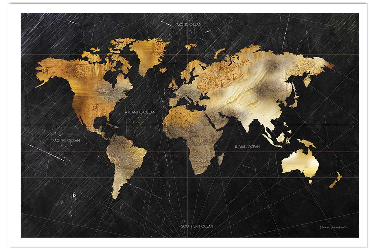 Affiche carte du monde dorée, HEXOA
