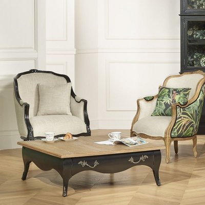 BARBARA - Table basse carrée style romantique en bois massif, plateau en chêne, 1 tiroir ROBIN DES BOIS