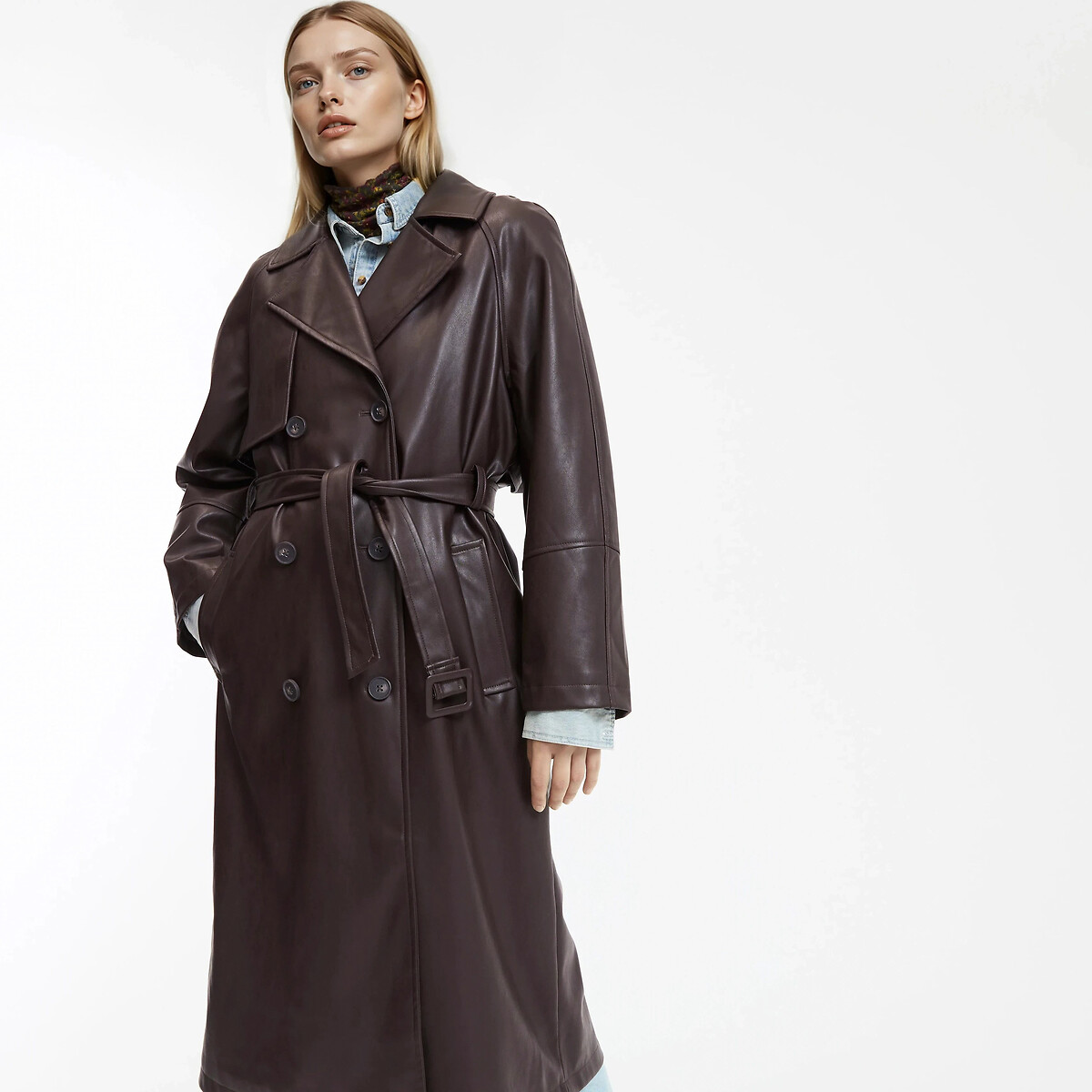 Long Buttoned Trench Coat in Faux Leather, LA REDOUTE COLLECTIONS