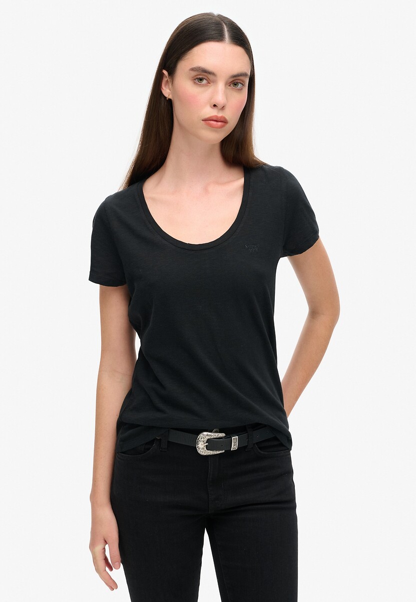 Gevlamd T-shirt met ronde hals en geborduurd logo