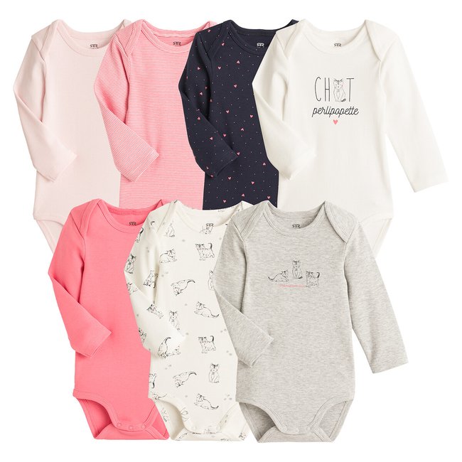 Pack of 7 Bodysuits in Cotton, pink+grey+blue+ecru, LA REDOUTE COLLECTIONS