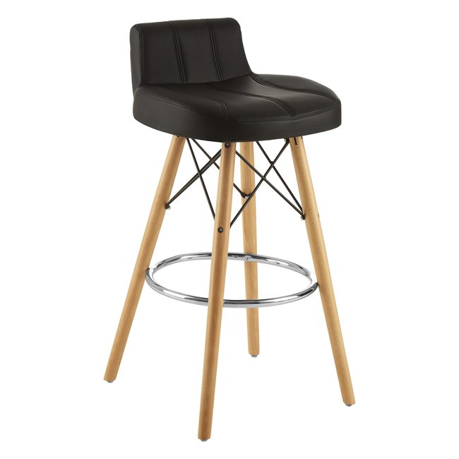 Bar Stool in Black Leather Effect with Beech Wood Legs, black, SO'HOME