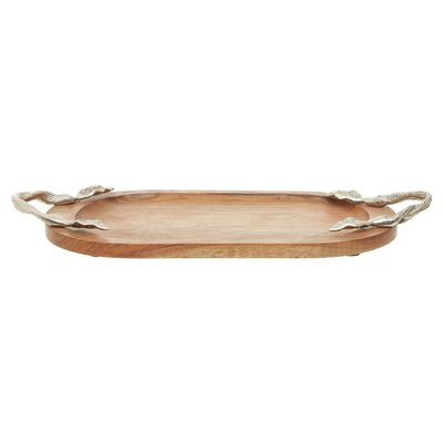 Acacia Wood Oval Serving Tray with Alum Leaf Handle SO'HOME