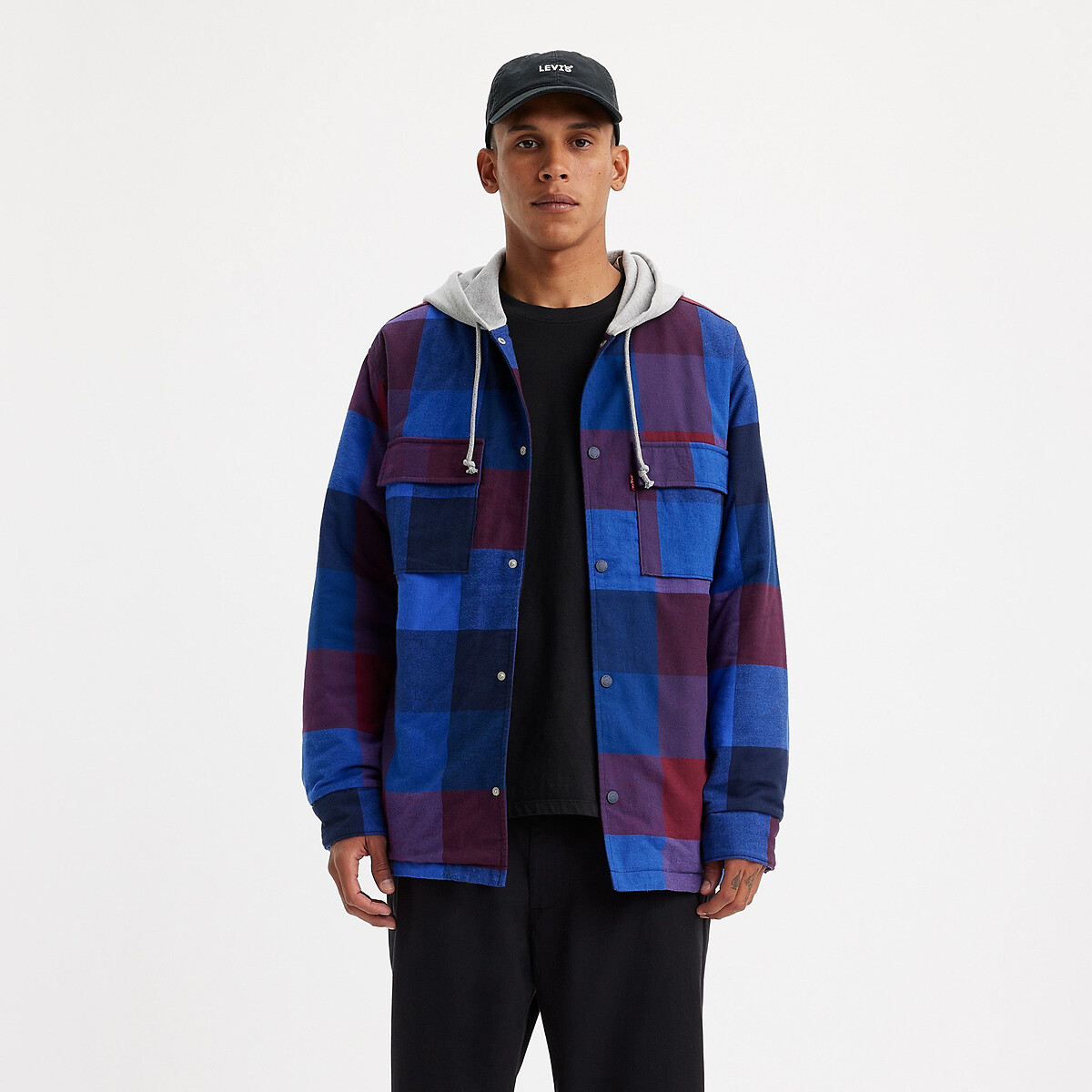 Image of Checked Dual Fabric Jacket in Cotton with Hood