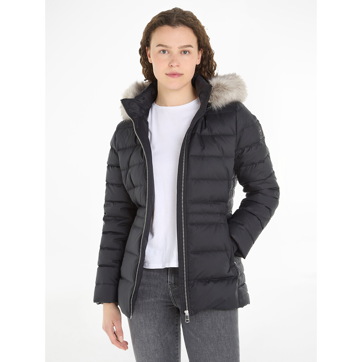 Short padded puffer jacket with faux fur trimmed hood, black, Tommy ...