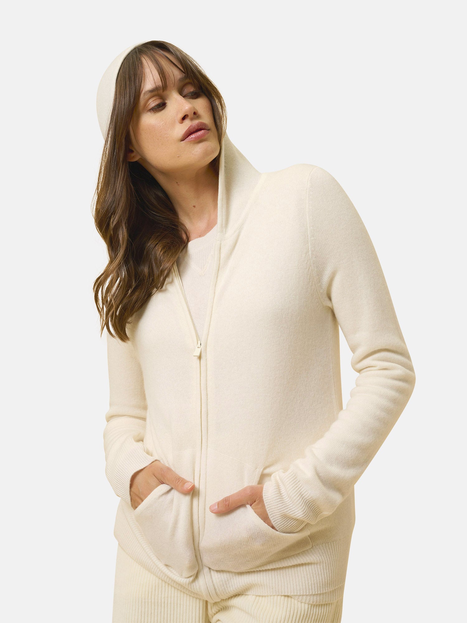 Gilet Zippé Capuche Ivoire Debbie, JUST CASHMERE