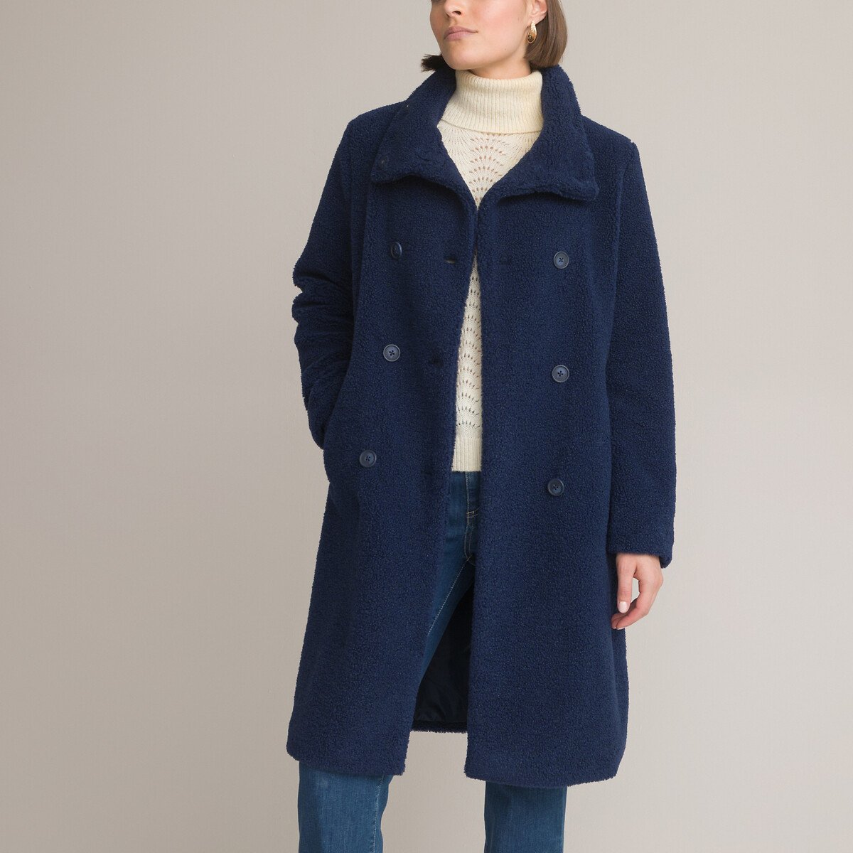Image of Boucl? Mid-Length Coat with Button Fastening