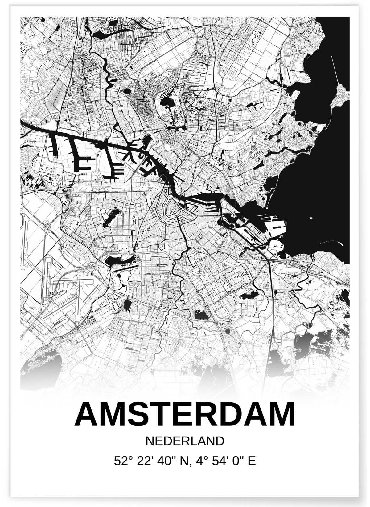 Affiche carte Amsterdam - rectangle Noir et Blanc, L'AFFICHERIE