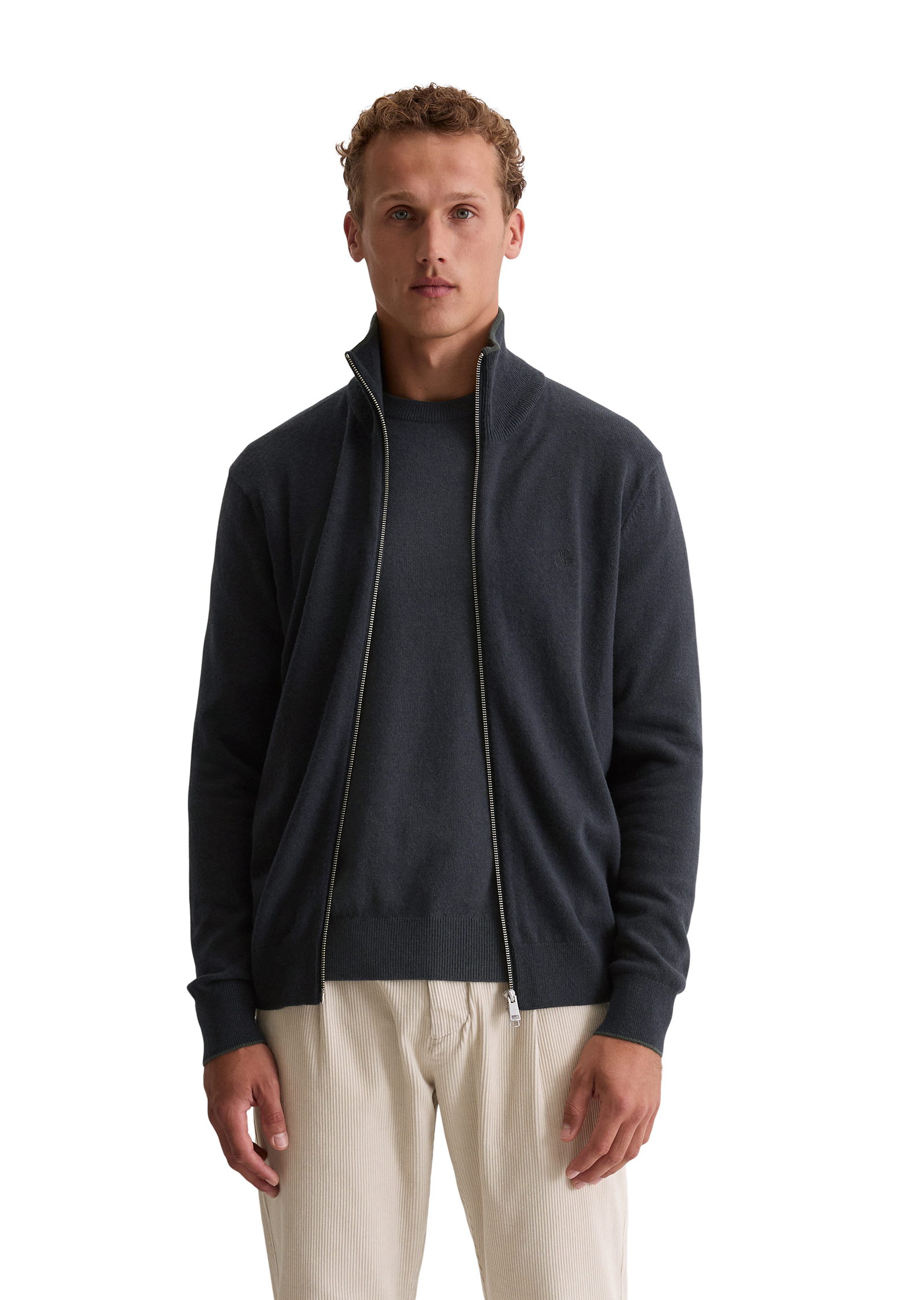 Cardigan zippé regular en mélange de coton et de laine vierge bio, MARC O'POLO