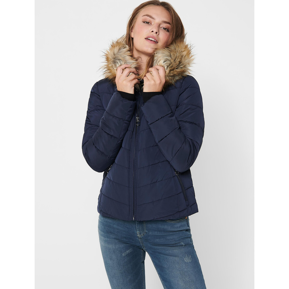 navy padded coat with fur hood