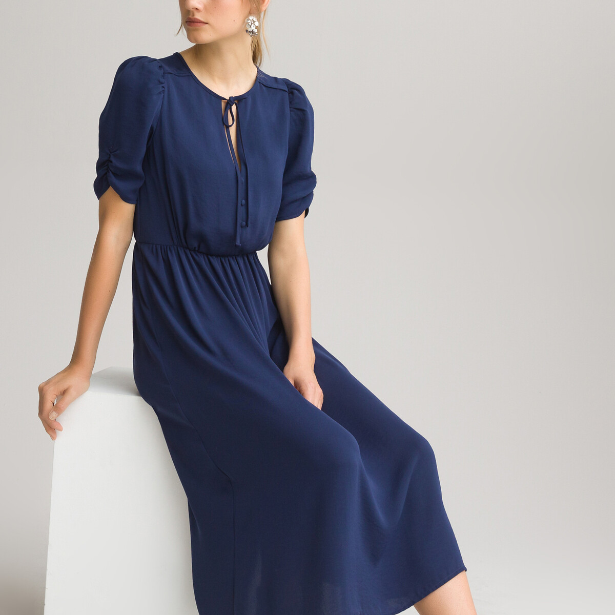 V-Neck Midi Dress with Short Puff Sleeves